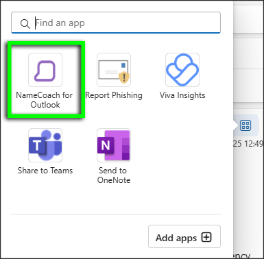 In the apps panel, select "NameCoach for Outlook."