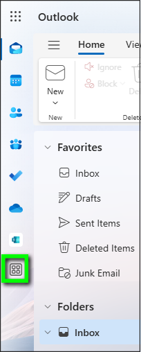The "More apps" icon is at the bottom of Outlook's lefthand navigation rail (i.e., "app bar").