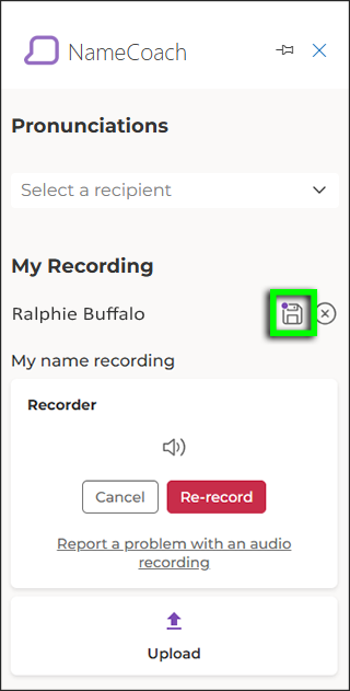 To the left of your name, click the floppy disk icon (alt text: "Save") to save your recording.