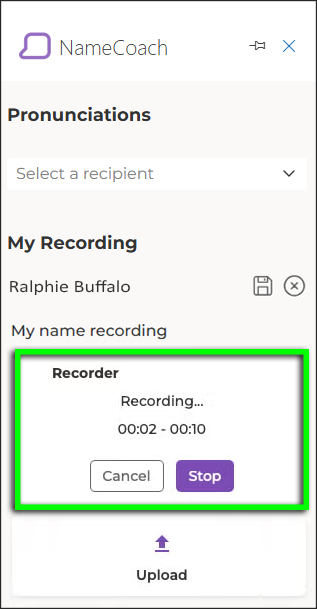 Under the "Recorder" subheading, a timer will show how many seconds you have left in your 10-second recording. Once you've spoken your name, click the "Stop" button to end the recording. 