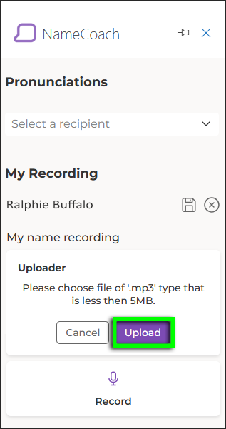 Under the "Uploader" subheading, click the "Upload" button to locate and upload your MP3 file.