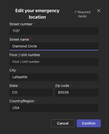 teams calls 911 address