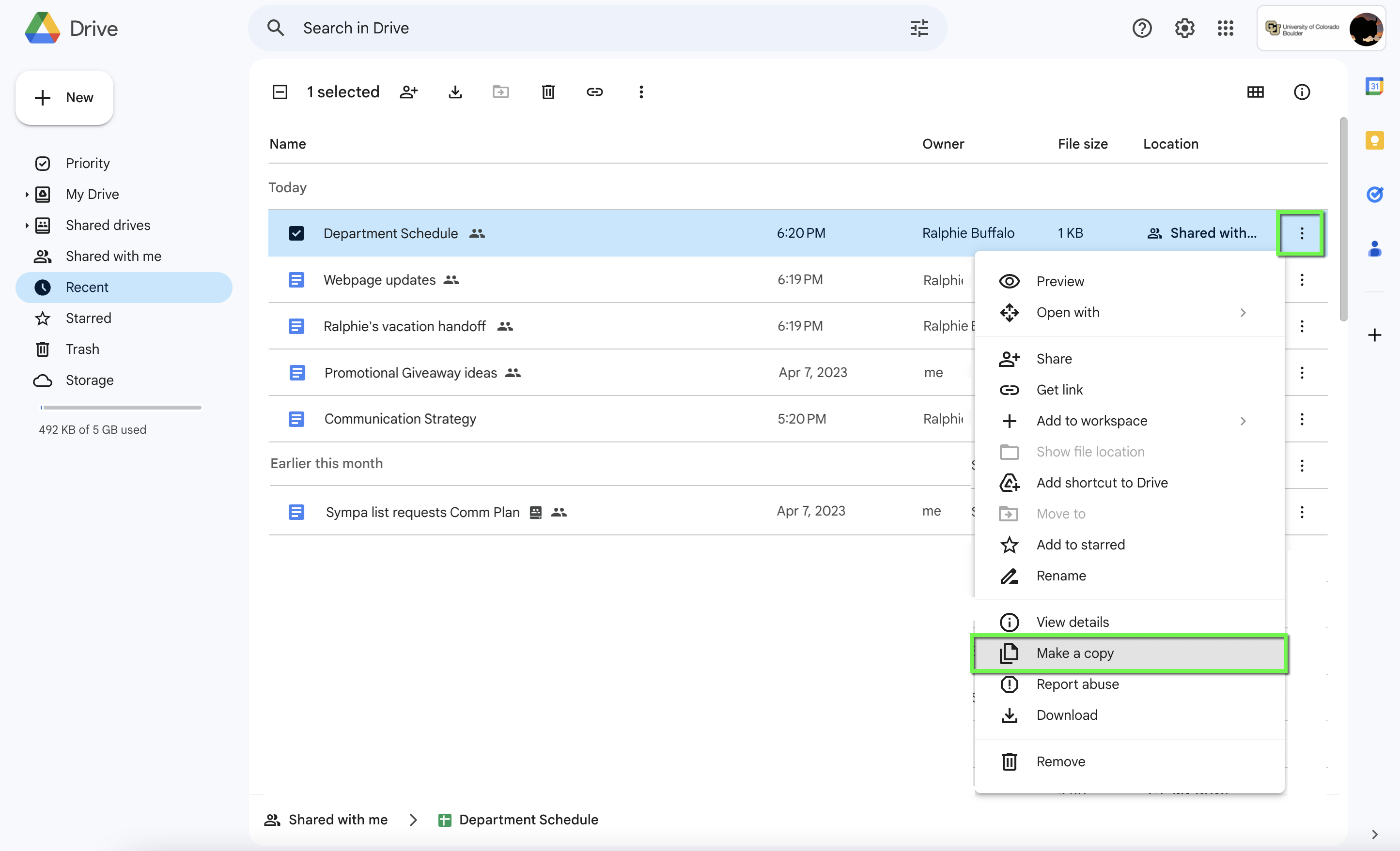 Click the three dot option menu and select Make a copy