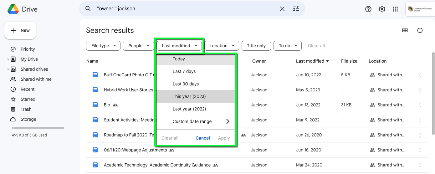 Owner search with Last Modified drop down selected 
