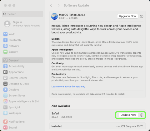 Click update now button to upgrade software if not ready to upgrade to macOS Tahoe