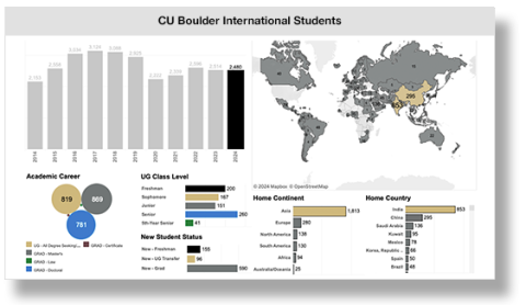 charts and world map of international student data