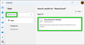 Search for NameCoach, then click to open "NameCoach for Outlook."