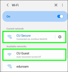 A screenshot of the Wi-Fi panel on a Samsung tablet running Android 11. Under the "Current network" heading, the text reads: "CU Secure / Connected via JoinNow MultiOS." Under the "Available networks" heading, the first network listed is: "CU Guest / Auto reconnect turned off."